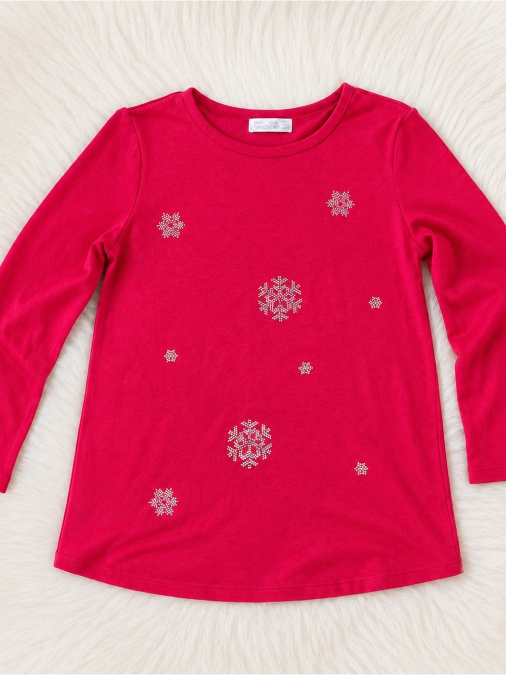 Red comfy red long sleeve shirt XS with sparkling rhinestones snowflakes - Picture 1 of 5